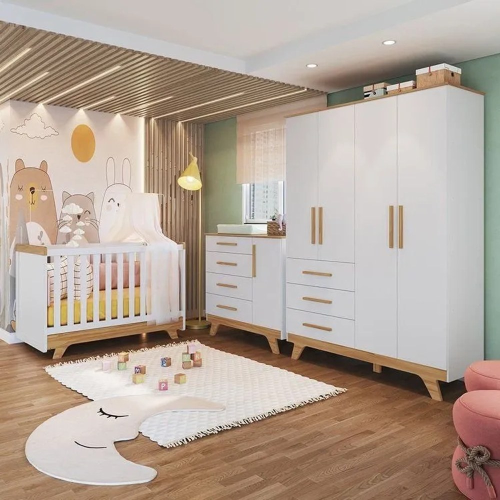Quarto de Bebê Completo com Guarda-Roupa, Cômoda e Berço